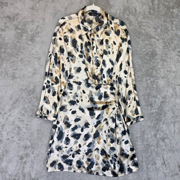 Wardrobe Dress Womens Medium Animal Print Long Sleeve Button Front Ruched Wrap - Picture 1 of 13